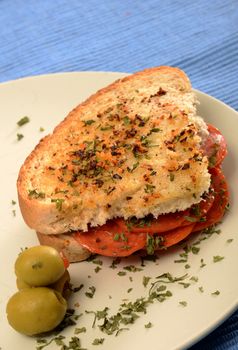 salami sandwich on blue background