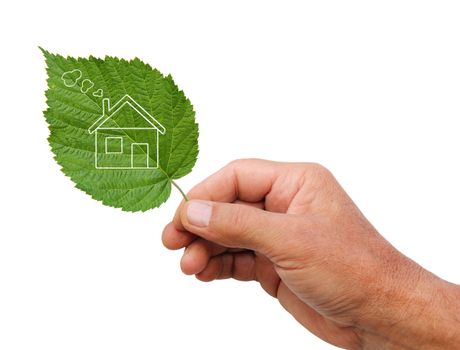 Eco house concept, hand holding eco house icon in nature 