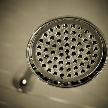 Close up of a silver shower head
