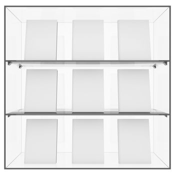The glass shelf with books. Isolated render on a white background