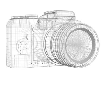 SLR camera. Wire frame. Isolated render on a white background