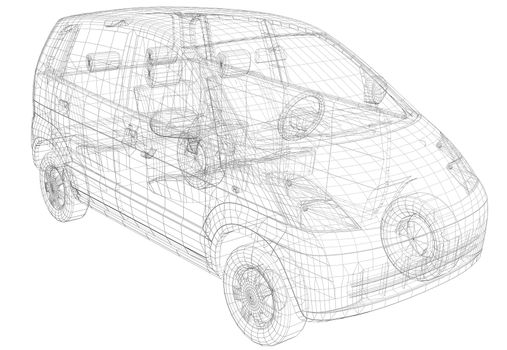 Wire frame car. Isolated render on a white background