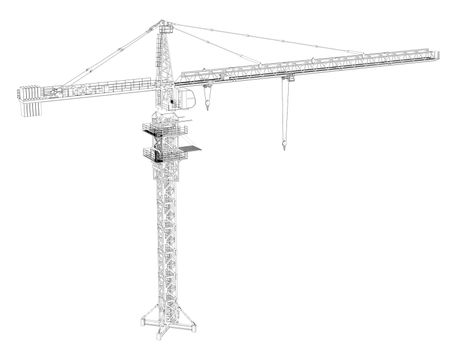 Wire frame tower crane. 3d rendering on white background
