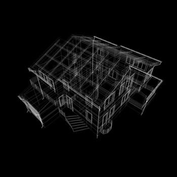 Abstract archticture. Wire-frame render on black background