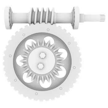 White shafts, gears and bearings. 3d render isolated on white background