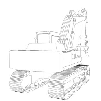 Excavator. Wire frame. 3d render isolated on a white background