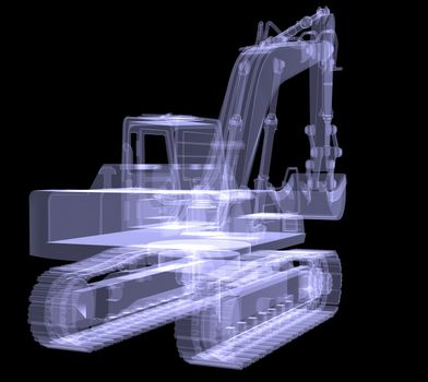 Excavator. X-ray. 3d render isolated on a black background