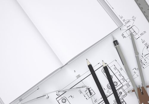 Book, glasses, ruler, compass and pencil lie on the drawing. 3d render
