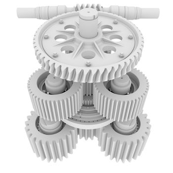 White shafts, gears and bearings. 3d render isolated on white background