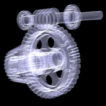 White shafts, gears and bearings. X-ray render isolated on black background