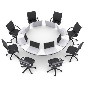 Laptops on the office round table and chairs. Isolated render on a white background