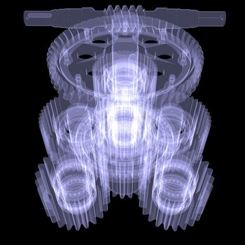 White shafts, gears and bearings. X-ray render isolated on black background