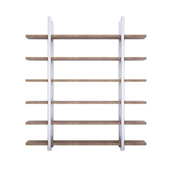 Wooden shelves with metal stands. 3d rendering on white background