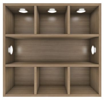 Wooden shelves with built-in lights. Isolated render on a white background