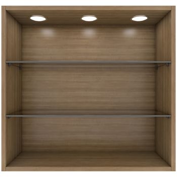 Wooden and glass shelves with built-in lights. Isolated render on a white background