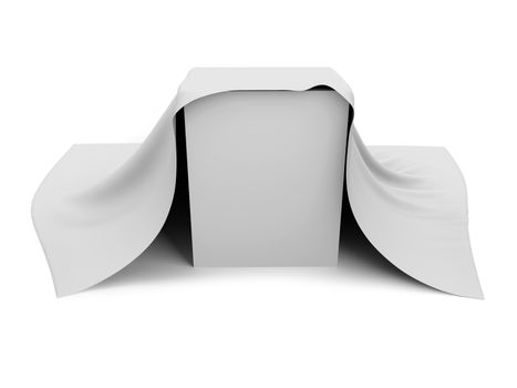 White box covered with a white cloth. Isolated render on a white background