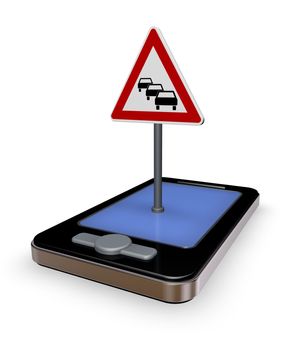 smartphone with road sign traffic jam on white background - 3d illustration
