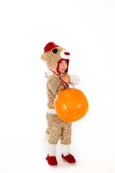 A two year old dressed up in a sock monkey halloween costume and ready to go out and trick-or-treat in the neighborhood for the holiday.