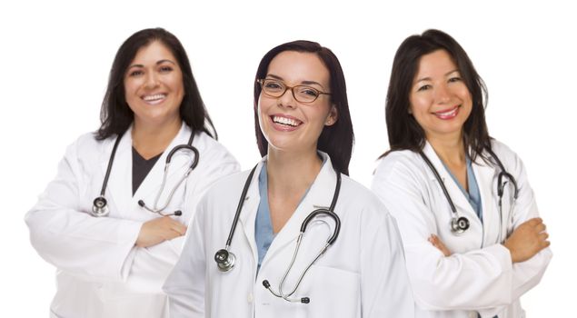 Three Hispanic and Mixed Race Female Doctors or Nurses Isolated on a White Background.