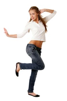 Full length of a beautiful young lady standing against isolated white background