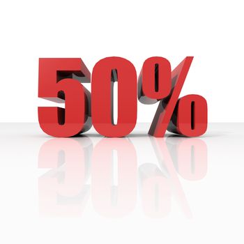 3D rendering of a 50 percent in red letters on a white background 
