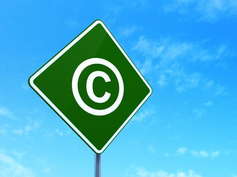 Law concept: Copyright on green road (highway) sign, clear blue sky background, 3d render