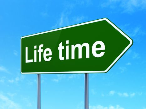 Time concept: Life Time on green road (highway) sign, clear blue sky background, 3d render