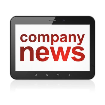 News concept: black tablet pc computer with text Company News on display. Modern portable touch pad on White background, 3d render