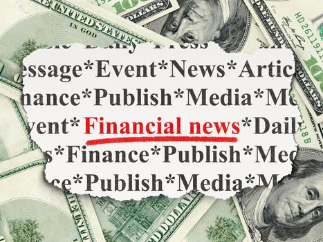 News concept: torn newspaper with words Financial News on Money background, 3d render