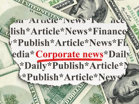 News concept: torn newspaper with words Corporate News on Money background, 3d render