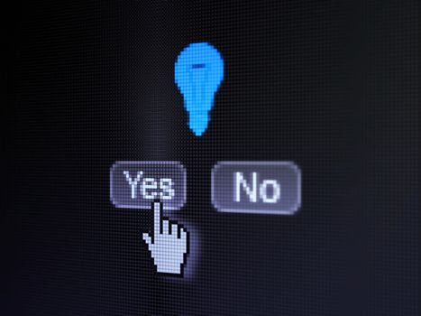 Business concept: buttons yes and no with pixelated Light Bulb icon and Hand cursor on digital computer screen, selected focus 3d render