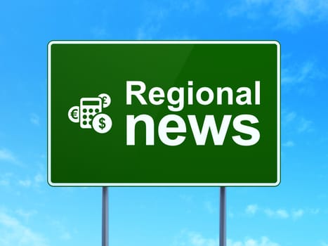 News concept: Regional News and Calculator icon on green road (highway) sign, clear blue sky background, 3d render