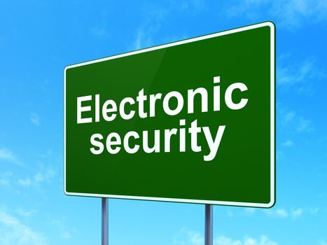 Safety concept: Electronic Security on green road (highway) sign, clear blue sky background, 3d render