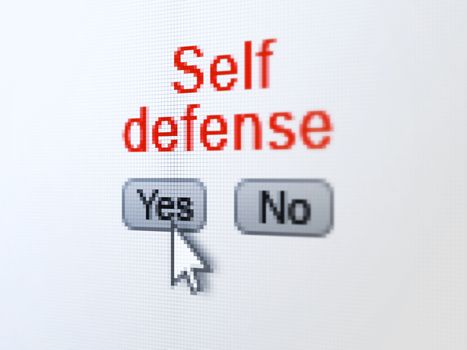 Safety concept: buttons yes and no with pixelated word Self Defense and Arrow cursor on digital computer screen, selected focus 3d render