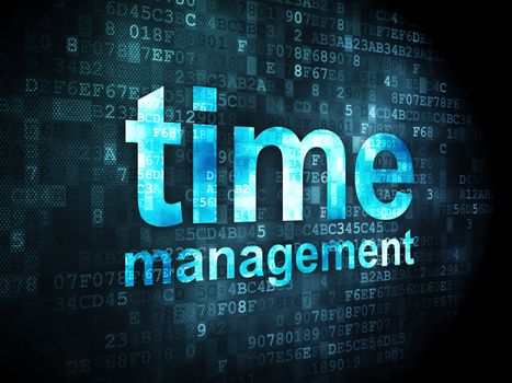 Timeline concept: pixelated words Time Management on digital background, 3d render