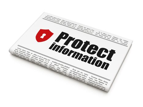 Security news concept: newspaper headline Protect Information and Shield With Keyhole icon on White background, 3d render