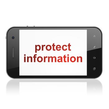 Security concept: smartphone with text Protect Information on display. Mobile smart phone on White background, cell phone 3d render