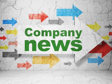News concept:  arrow whis Company News on grunge textured concrete wall background, 3d render