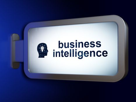 Business concept: Business Intelligence and Head With Light Bulb on advertising billboard background, 3d render