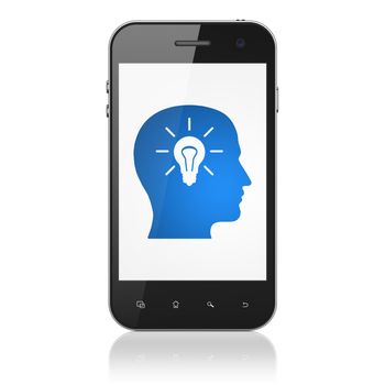 Marketing concept: smartphone with Head With Light Bulb icon on display. Mobile smart phone on White background, cell phone 3d render
