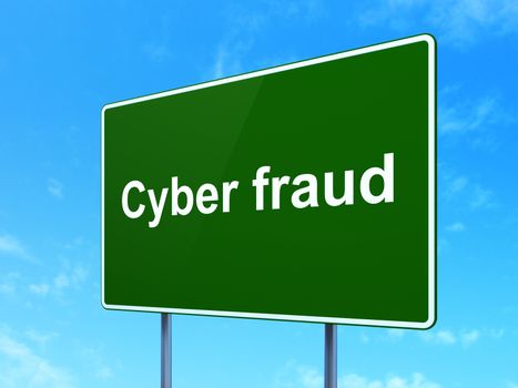 Security concept: Cyber Fraud on green road (highway) sign, clear blue sky background, 3d render