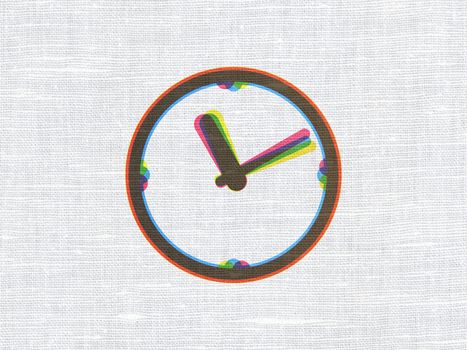 Timeline concept: CMYK Clock on linen fabric texture background, 3d render