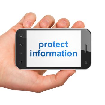 Protection concept: hand holding smartphone with word Protect Information on display. Mobile smart phone on White background, 3d render