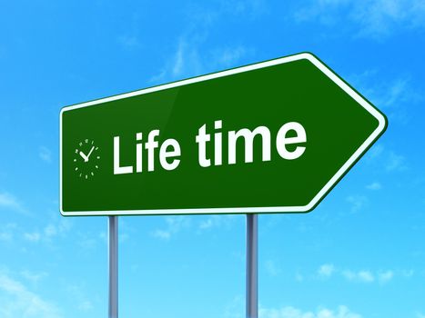 Time concept: Life Time and Clock icon on green road (highway) sign, clear blue sky background, 3d render