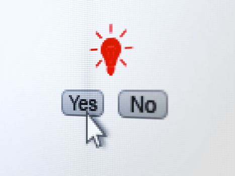 Finance concept: buttons yes and no with pixelated Light Bulb icon and Arrow cursor on digital computer screen, selected focus 3d render