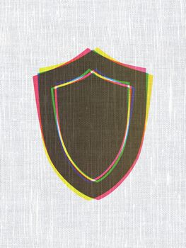 Protection concept: CMYK Shield on linen fabric texture background, 3d render