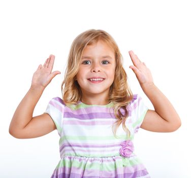Portrait of beautiful little girl happy smiling on studio. Isolated white background