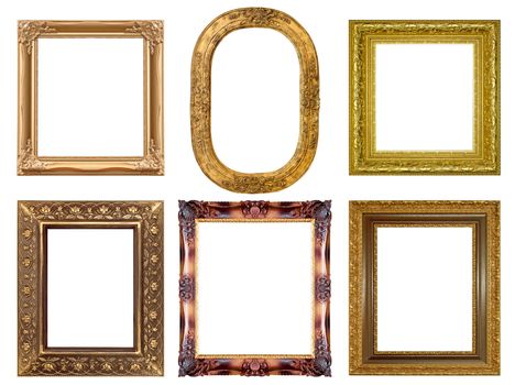 Old antique gold picture frame wall, wallpaper, decorative objects isolated white background