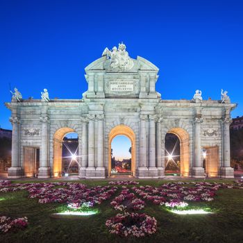 View of famous Puerta de Alcala at sunset, Madrid, Spain