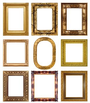 Old antique gold picture frame wall, wallpaper, decorative objects isolated white background